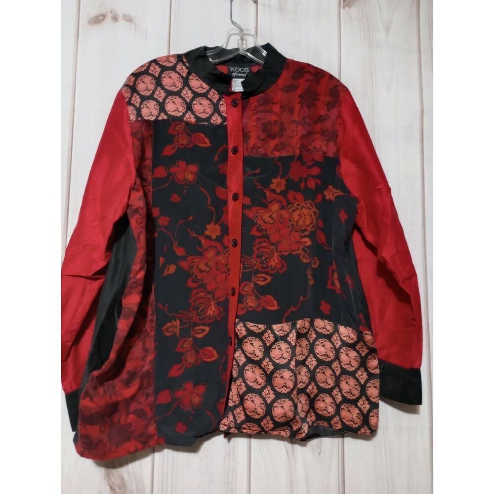 Koos Of Course Shirt Ladies Large Red Button Front Long Sleeve Silk Light Weight